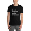 Black t-shirt with 'Beefy Bearded And Awesome' text, perfect gay pride apparel.