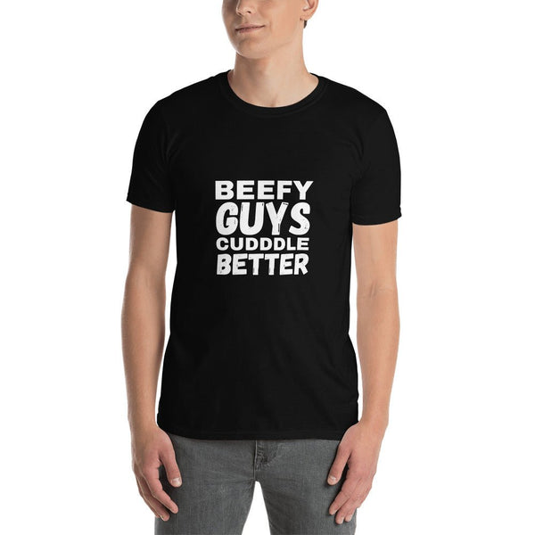 Beefy Guys Cuddle Better Bear T-Shirt worn by a model in black, gay pride apparel.