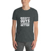 Model wearing a dark grey gay shirt featuring 'Beefy Guys Cuddle Better' text design.
