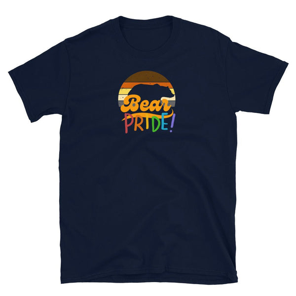 Navy blue t-shirt with 'Bear Pride!' graphic, perfect for LGBTQ pride events.