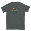 Dark heather t-shirt with 'BEST GUNCLE EVER' text in colorful letters, gay pride apparel.