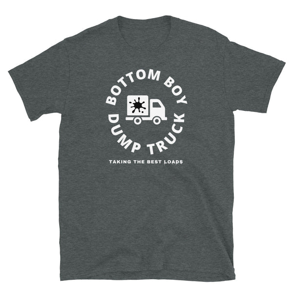Bottom Boy Dump Truck Shirt – Funny Gay Shirt with bold graphic design on a gray tee.