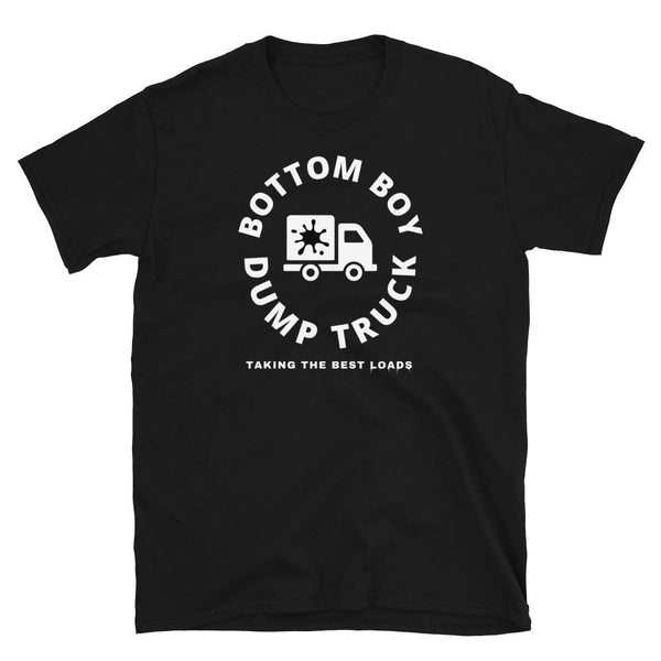 Black tee featuring 'Bottom Boy Dump Truck' graphic, gay pride apparel, humorous design.