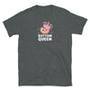Charcoal gray t-shirt featuring 'BOTTOM QUEEN' with a crown, ideal for pride apparel.