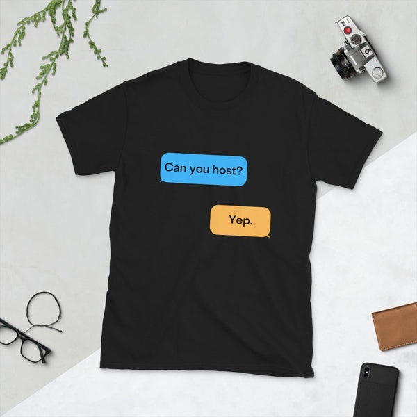 Black funny gay shirt featuring chat bubbles with text, LGBT pride apparel.
