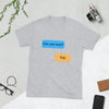 Gray funny gay shirt featuring text bubbles 'Can you host? Yep.' LGBT pride apparel.