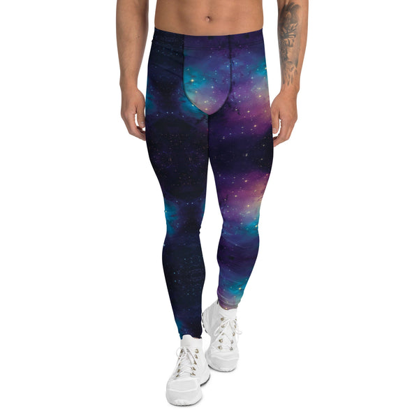 Celestial Blue Purple Nebula Galaxy Night Sky Space Pants on a male model, perfect for activewear and pride apparel.