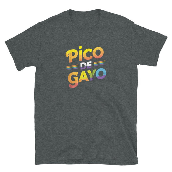 Cinco De Mayo LGBT Shirt | Pico De Gayo | Funny Gay Mexican LBTQ Gift printed on a dark grey t-shirt.