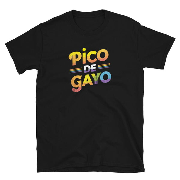 Cinco De Mayo LGBT Shirt | Pico De Gayo | Funny Gay Mexican LBTQ Gift in black with colorful text design.