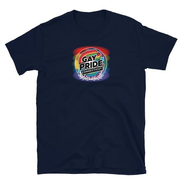 Navy gay shirt featuring Connecticut LGBT Rainbow Gay Pride design and vibrant colors.