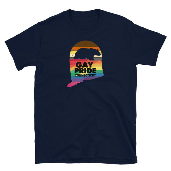 Gay pride t-shirt featuring Connecticut design in rainbow colors for LGBT clothing.