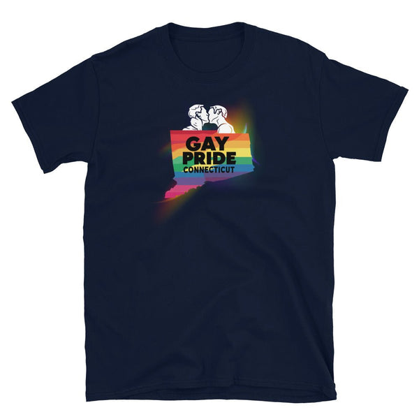 Navy gay shirt featuring Connecticut with rainbow colors and 'Gay Pride' text.