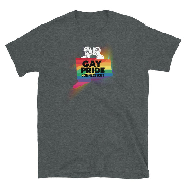 Dark grey shirt featuring Connecticut LGBT Rainbow Gay Pride graphic design.