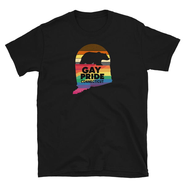 Black t-shirt featuring Connecticut LGBT Rainbow Gay Pride graphic and colorful design.