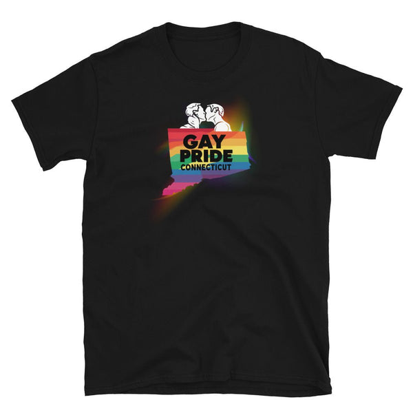 Black gay shirt featuring Connecticut LGBT Rainbow Gay Pride design with muscular characters.