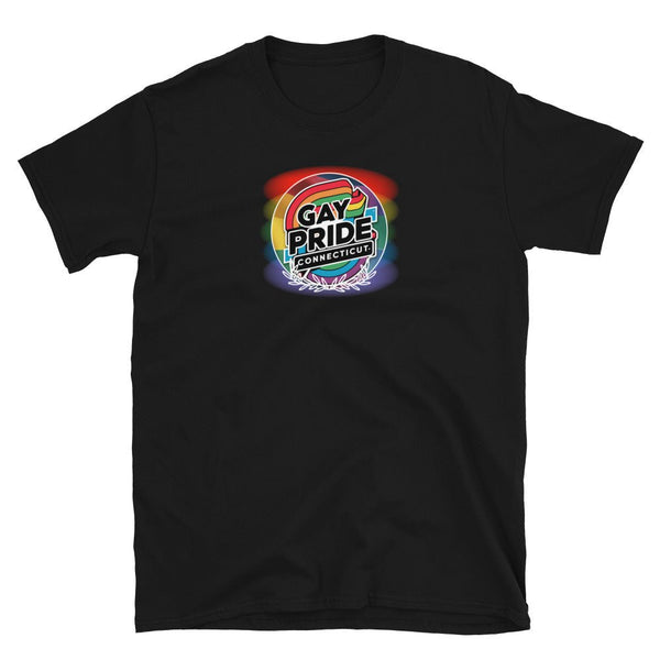 Black gay pride shirt with rainbow graphic and Connecticut text.