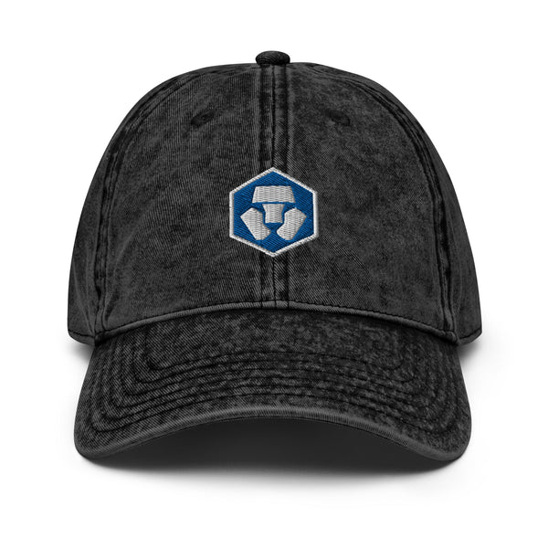 Black embroidered Cryptocom Cap with vintage effect, casual dad hat design.