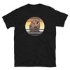 Black t-shirt featuring a roaring bear in pride flag colors, gay bear apparel.