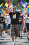 Man wearing a gay bear shirt at a pride parade with colorful flags.