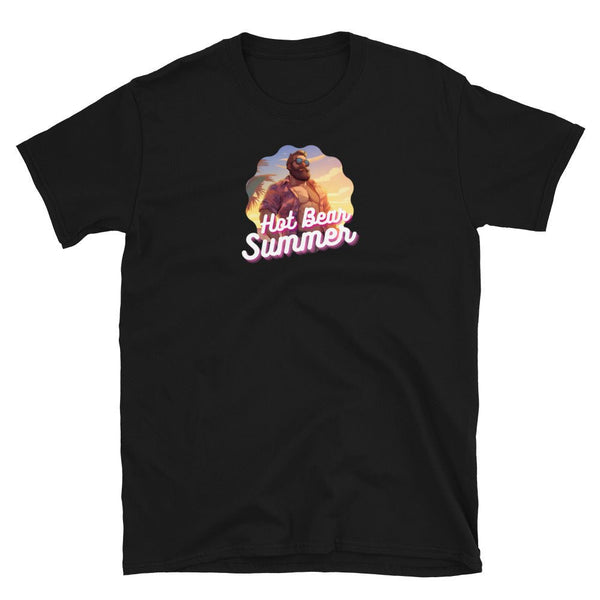 Black t-shirt featuring 'Hot Bear Summer' graphic, perfect gay pride apparel.
