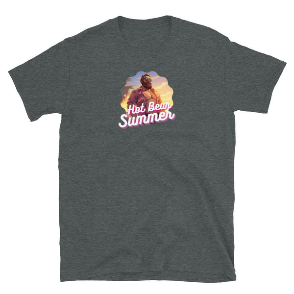 Dark heather gay shirt featuring 'Hot Bear Summer' design with anime bear graphics.