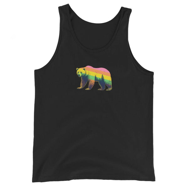 Black tank top featuring a rainbow bear graphic, perfect for gay pride events.