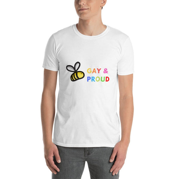 Cute Gay Bee Shirt | Gay Pride T-Shirt | LBGTQ + Shirt showcasing a bee graphic with 'GAY & PROUD' text.