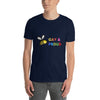 Model wearing Cute Gay Bee Shirt | Gay Pride T-Shirt | LBGTQ + Shirt in navy, featuring colorful bee graphic.