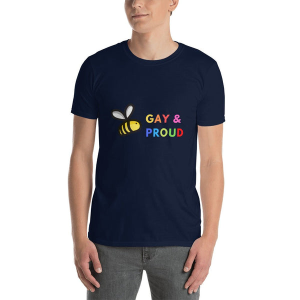 Model wearing Cute Gay Bee Shirt | Gay Pride T-Shirt | LBGTQ + Shirt in navy, featuring colorful bee graphic.