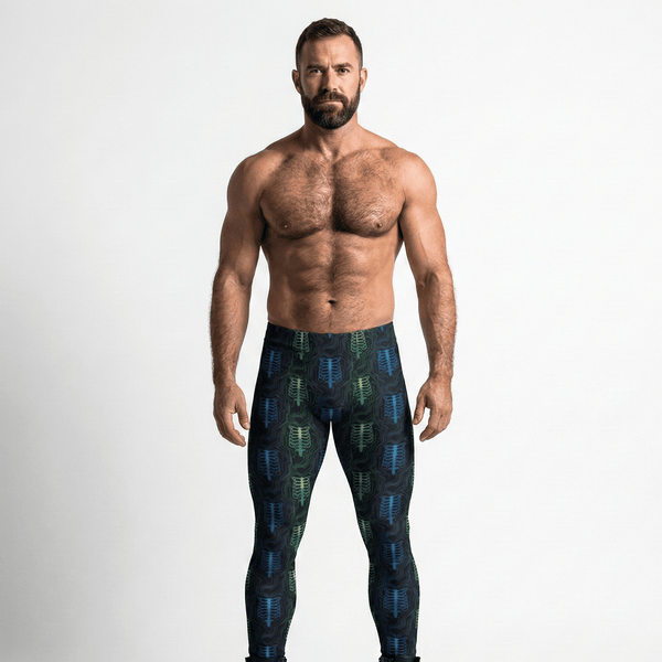 Muscular man wearing Cyber Bones Men’s Leggings with neon skeleton design.