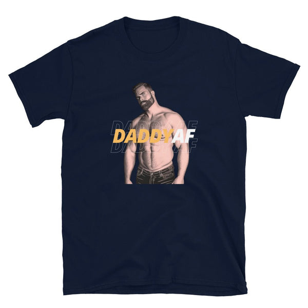 Daddy AF Gay Bear T-Shirt featuring a muscular man in navy color.