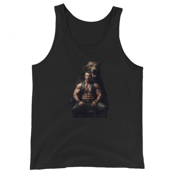 Black tank top featuring a muscular man and a bear graphic, perfect gay pride apparel.