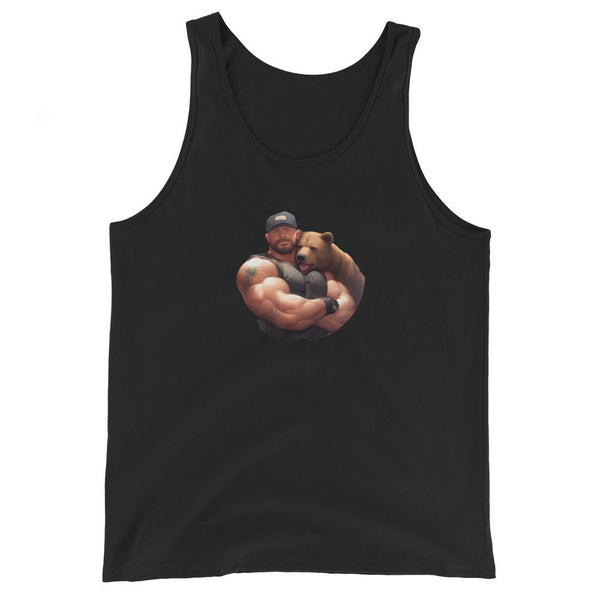 Black tank top featuring a muscular man hugging a bear, ideal for pride apparel.