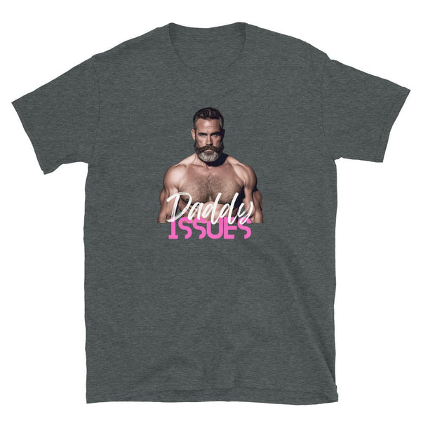 Daddy Issues Gay Men's T-Shirt | Playful Daddy LGBT Tee | Fun Bear Dad Shirt featuring a muscular man in a grey shirt.