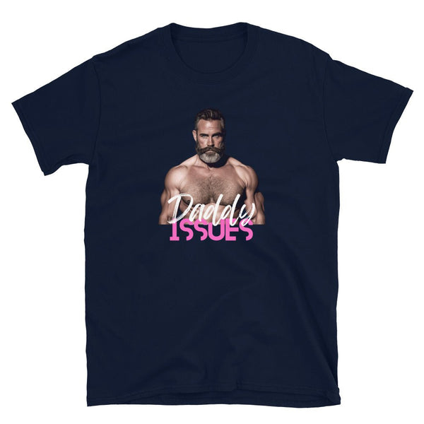 Daddy Issues Gay Men's T-Shirt with muscular model design in navy.