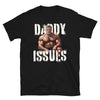 Black gay shirt featuring muscular older man and 'DADDY ISSUES' design.