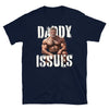 Navy blue gay shirt featuring muscular man with 'Daddy Issues' graphic design.