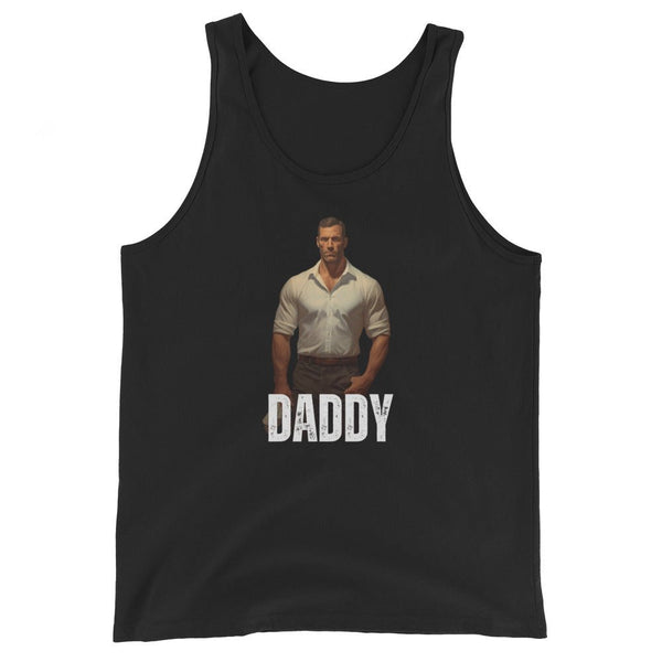 Daddy Leather Dom Dad Tank Top featuring a strong man design on black fabric.