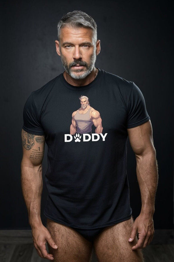 Man wearing Daddy Organic Cotton Daddy Gay T-Shirt featuring a muscular bear graphic.