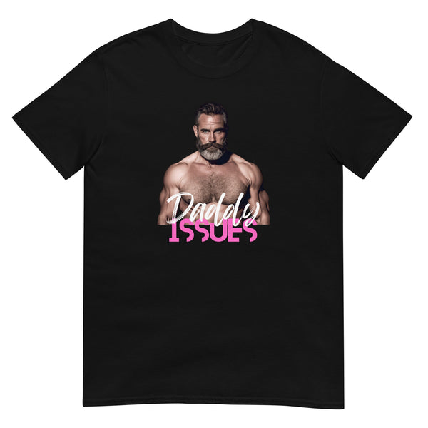 Black shirt featuring a muscular man with 'Daddy Issues' text, gay pride apparel.