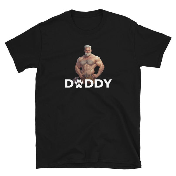 Daddy's Woof Gay Bear T-Shirt featuring muscular man design on black fabric.