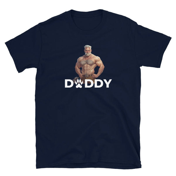 Daddy&#39;s Woof Gay Bear T-Shirt featuring muscular man and paw prints design.
