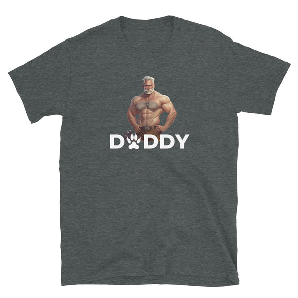 Daddy's Woof Gay Bear T-Shirt with muscular man and paw print design.