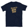 Daddy's Boy Toy Shirt in navy with bold gold text, funny gay apparel.