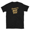 Black t-shirt with 'Daddy's Boy Toy' text, LGBTQ funny shirt design.