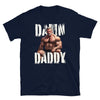 Navy blue gay shirt featuring muscular man graphic with 'Damn Daddy' lettering.