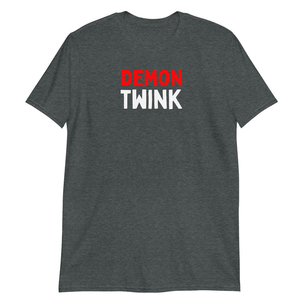 Demon Twink Funny Gay Pride Tee, Soft unisex t-shirt, dark grey color with bold text.