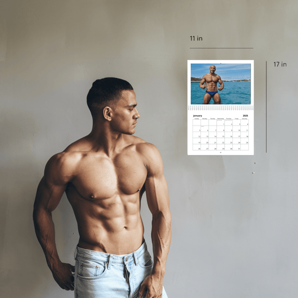 Muscular man posing beside DILFS of Pamela Beach 2026 Calendar, showcasing sexy dad theme.