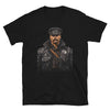 Black t-shirt featuring masculine man in vintage leather police uniform, LGBTQ pride apparel.