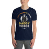 Navy blue gay shirt featuring humorous 'Daddy Voice' graphic for pride apparel.